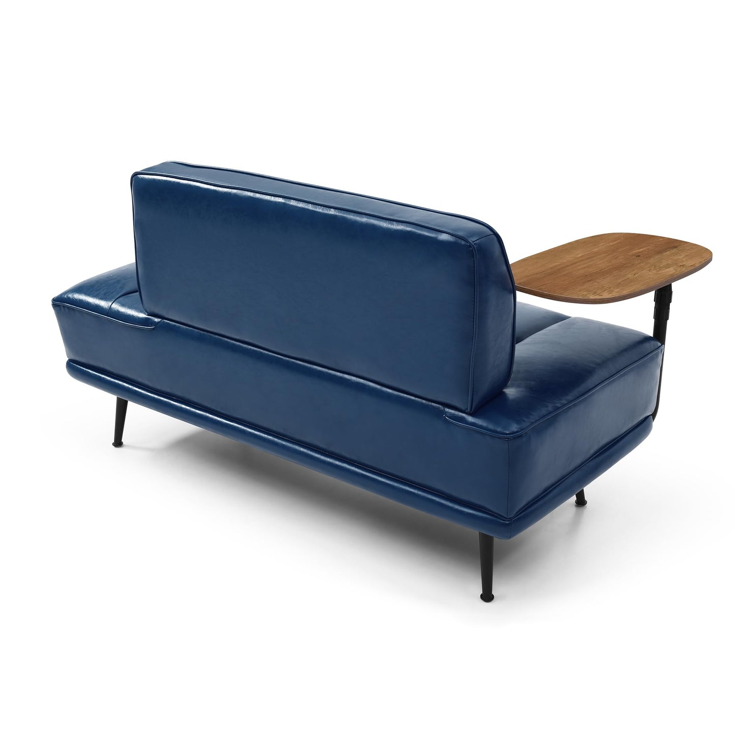 KEIKI Upholstered End of Bed Bench with Side Table & 360° Rotatable Phone Stand, Faux Leather Chaise Lounge Couch for Bedroom or Entryway Seating, Blue