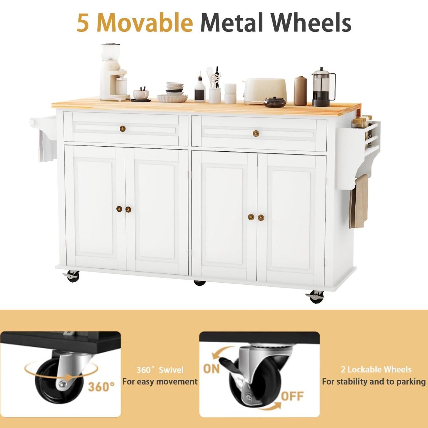 JassmiPkwy 67’’ Movable Kitchen Island with Drop Leaf and Power Outlet, Lockable Sliding Countertop Rolling Island Cart with 2 Large Drawers, Spice, Towel Rack,White