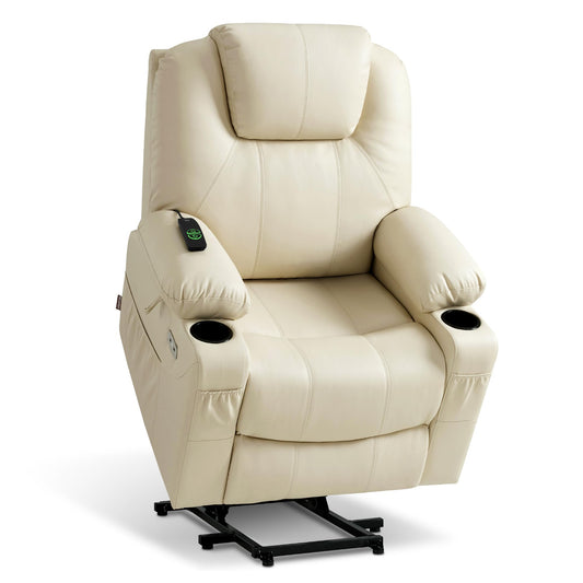 MCombo Power Lift Recliner Chair for Elderly, Lift Chair with Heat and Massage, FSC Certified, USB Ports, Cup Holders, Faux Leather 7040 (Cream White, Medium)
