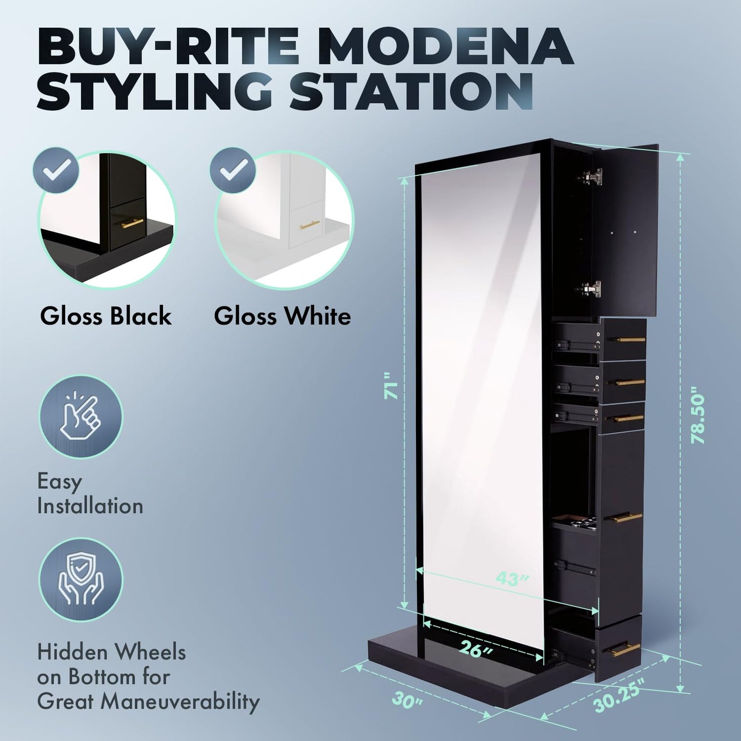 Buy-Rite Modena Double-Sided Styling Station for Professional Salons & Barbershops, Gloss Black, 2 Full-Length Mirrors, Storage Cabinets, Drawers, Slide-Out Tool Drawer, NIN-MD-01