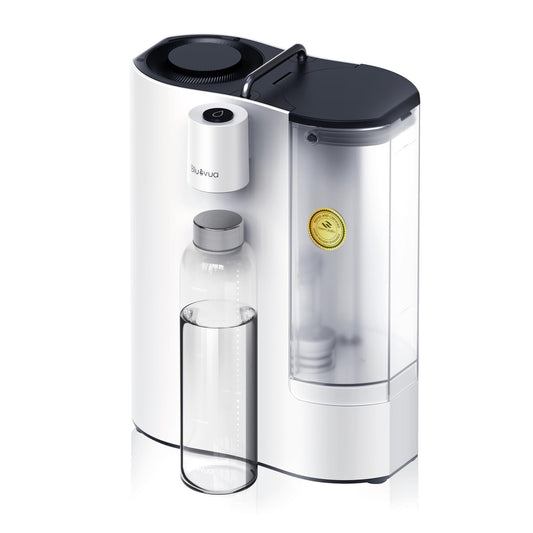 Bluevua RO100ROPOT-Travel Reverse Osmosis System Countertop Water Filter, Compact 6-Stage Filtration with UV, Includes Glass Bottle, Portable Water Purifier for Home & Travel, White