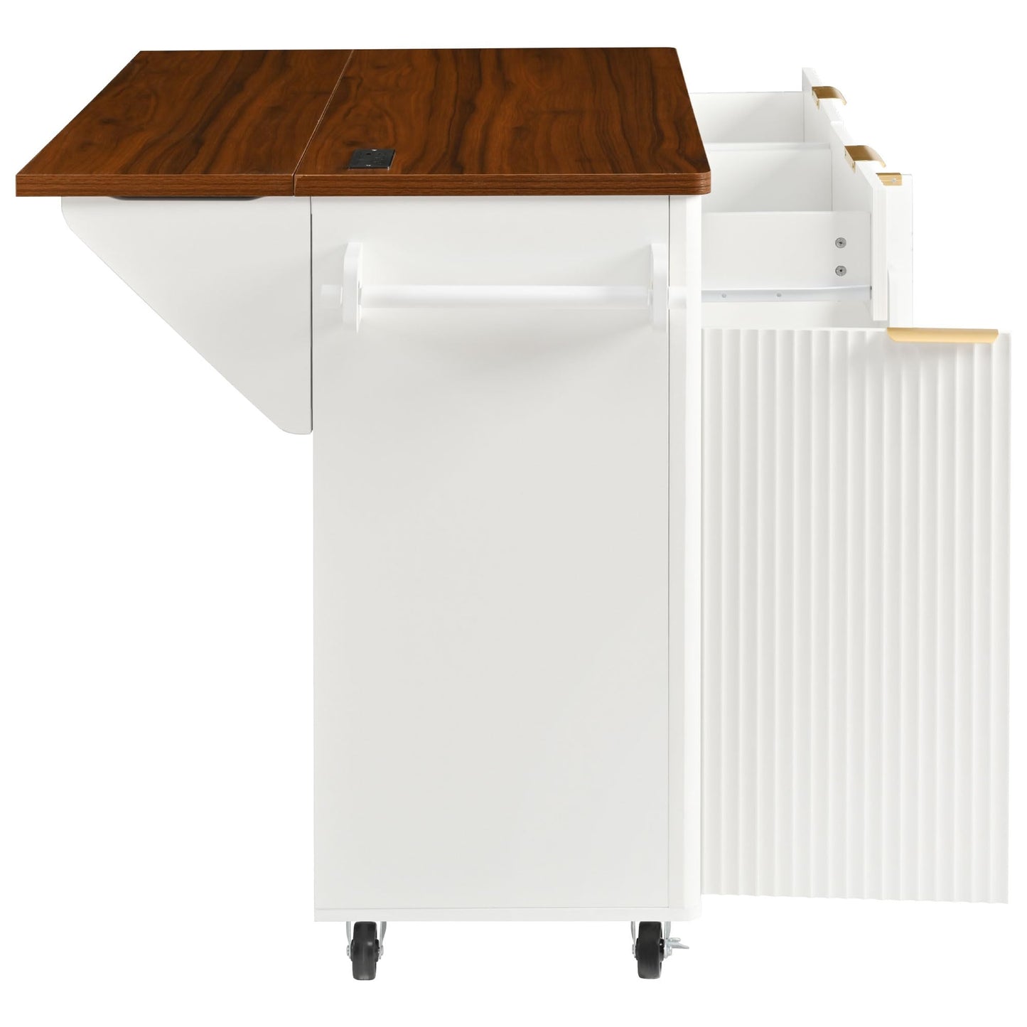 Merax Farmhouse 52 inch Kitchen Island on Wheels with Drop Leaf Table, Power Outlet, Wood Kitchen Rolling Cart with Faux Marble Top & 2 Doors & 2 Drawers, White
