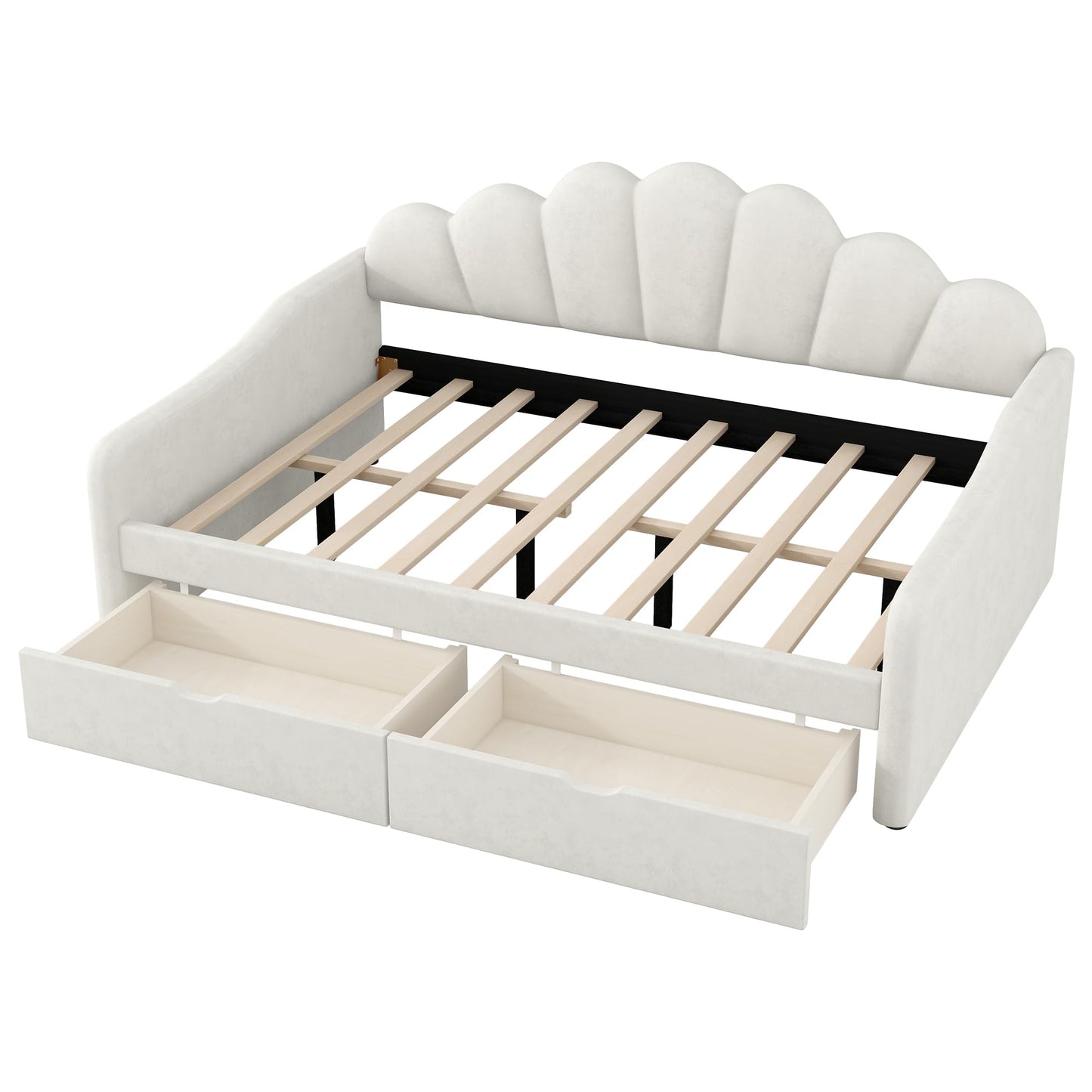 Merax Full Size Modern Upholstered Sofa Day Bed with Shall Shaped Backrest & Storage Drawers, Mutifunction Platform Bed with Wood Slat Support,Velvet Storage Bed Frame with Headboard/Twin, White
