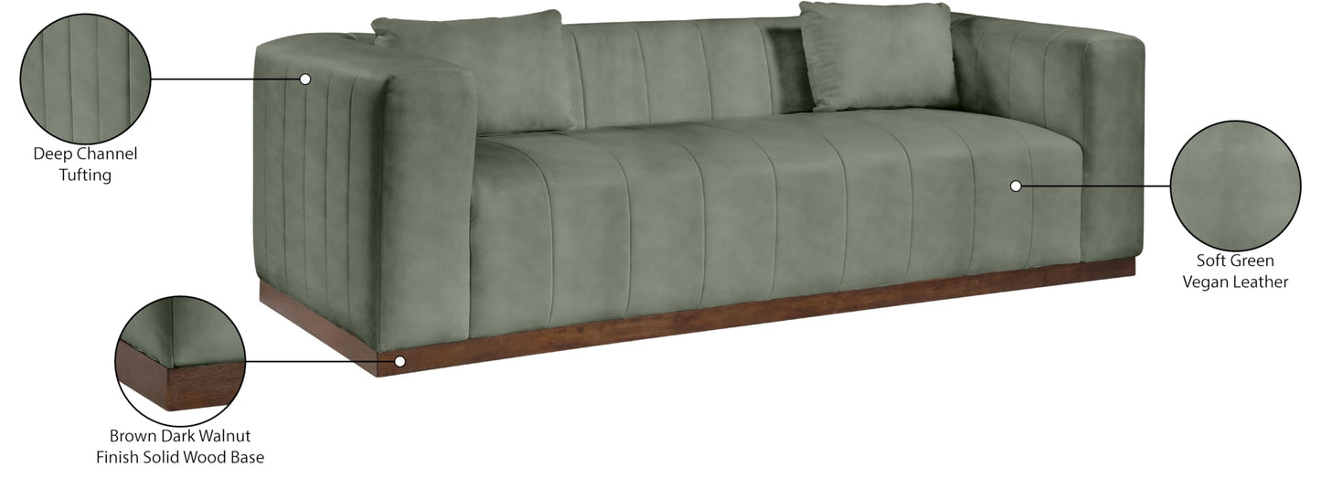 Meridian Furniture 44098Green-S Mallina Collection Modern | Contemporary Sofa with Soft Green Vegan Leather, Walnut Finish Solid Wood Base, Deep Channel Tufting, 90.5" W x 36" D x 28.5" H, Green