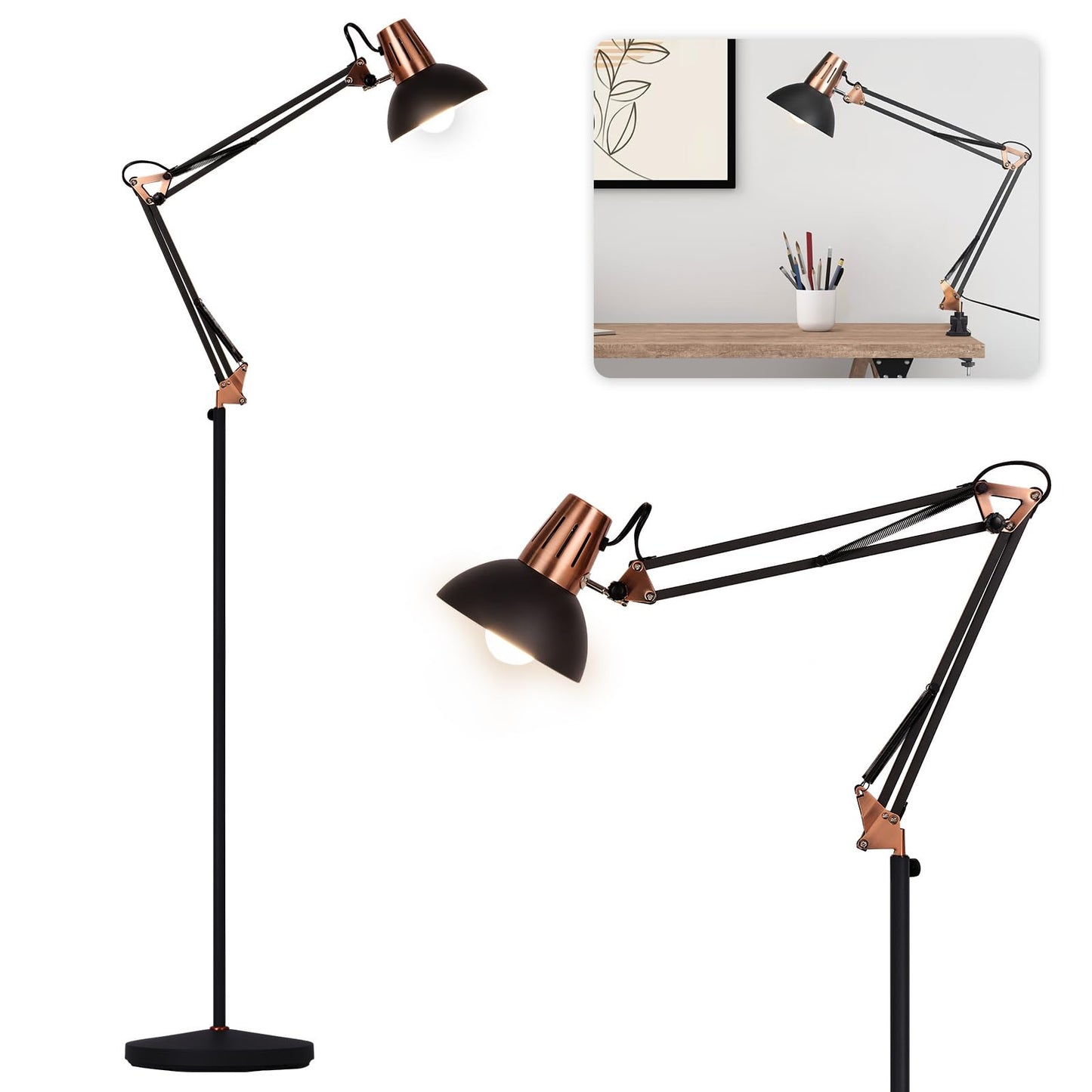 FIRVRE Industrial Floor Lamp with Swing Arm, Adjustable Height, Heavy Duty Base, Sandy Black, Model 003