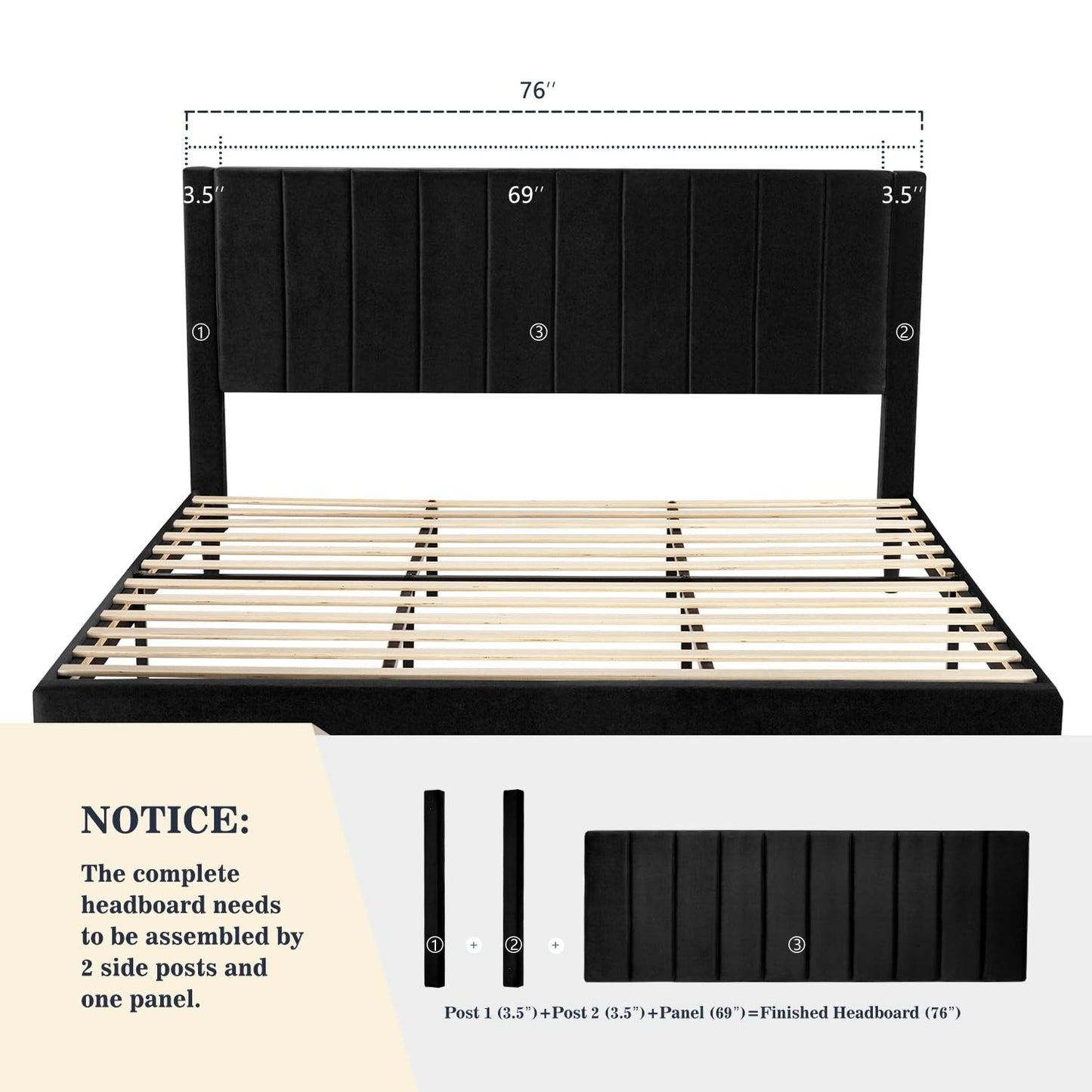 Allewie King Bed Frame/Velvet Upholstered Bed Frame with Vertical Channel Tufted Headboard/Strong Wooden Slats/Platform Bed Frame/Mattress Foundation/Box Spring Optional/Easy Assembly/Black