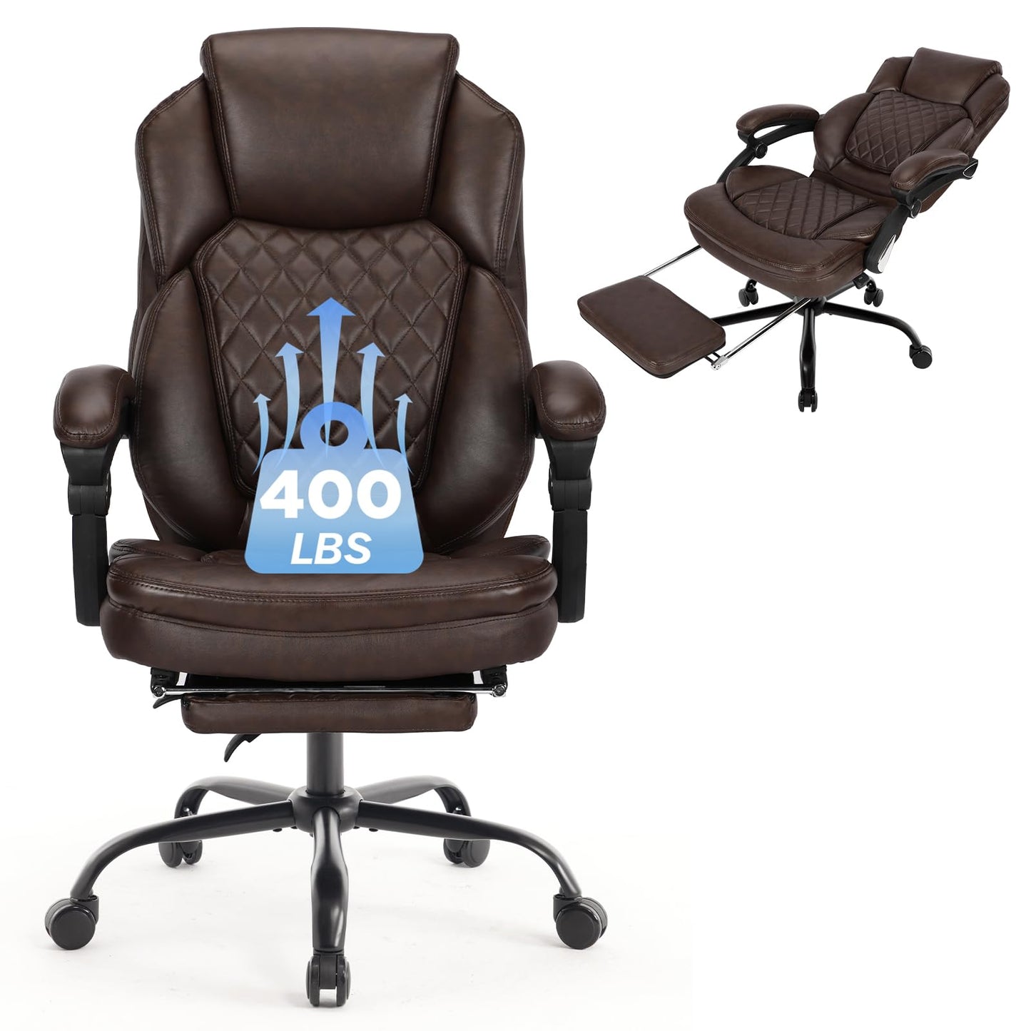 linting 400lbs Ergonomic Reclining Office Chair with Footrest, Plus Size Big Tall Leather Recliner Office Desk Chairs with Foot Leg Rest, Brown