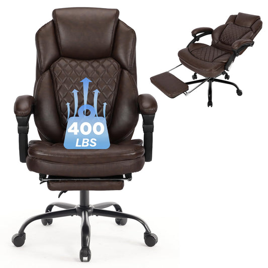 linting 400lbs Ergonomic Reclining Office Chair with Footrest, Plus Size Big Tall Leather Recliner Office Desk Chairs with Foot Leg Rest, Brown