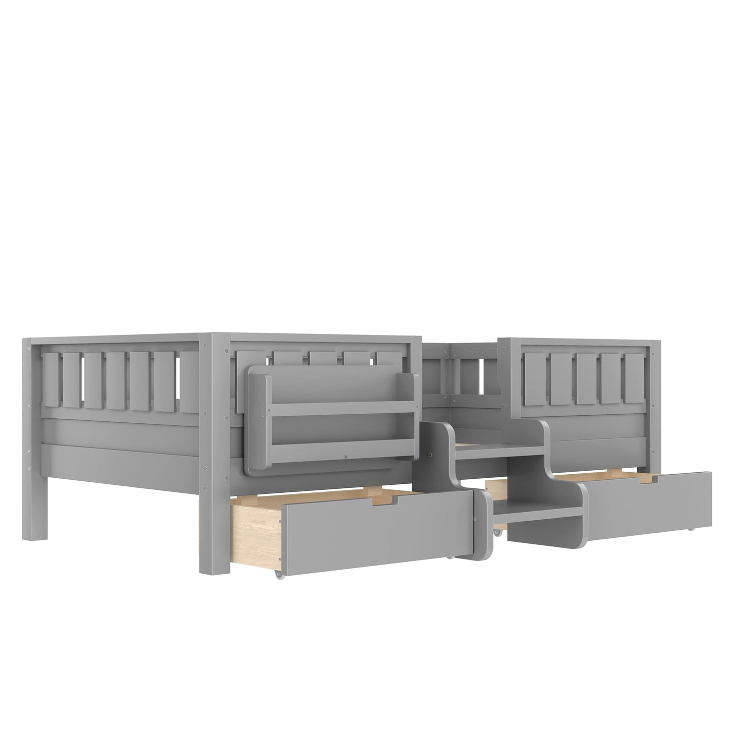 Bellemave Twin Bed with Slats and Stairs, Twin Size Platform Bed Frame with Fence, Bookshelf and Storage Drawers, Easy Assemble Beds for Kids, Girls, Boys, Gray
