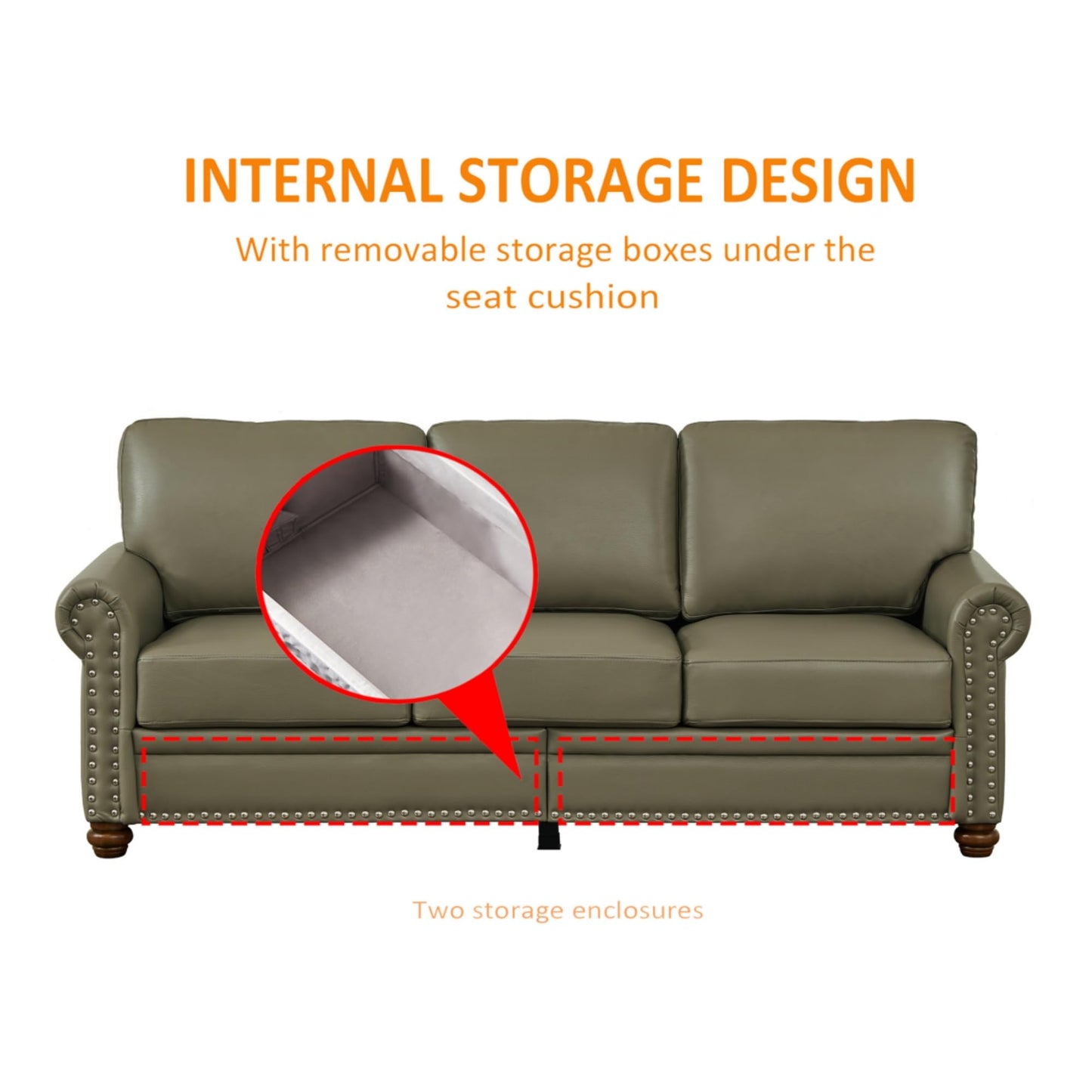 KEIKI 82.68" Chesterfield Sofa, Retro Style Upholstered Faux Leather PU Couch with Storage Space, Rolled Arm, Nailhead for Living Room Bedroom Office Apartment, Gray