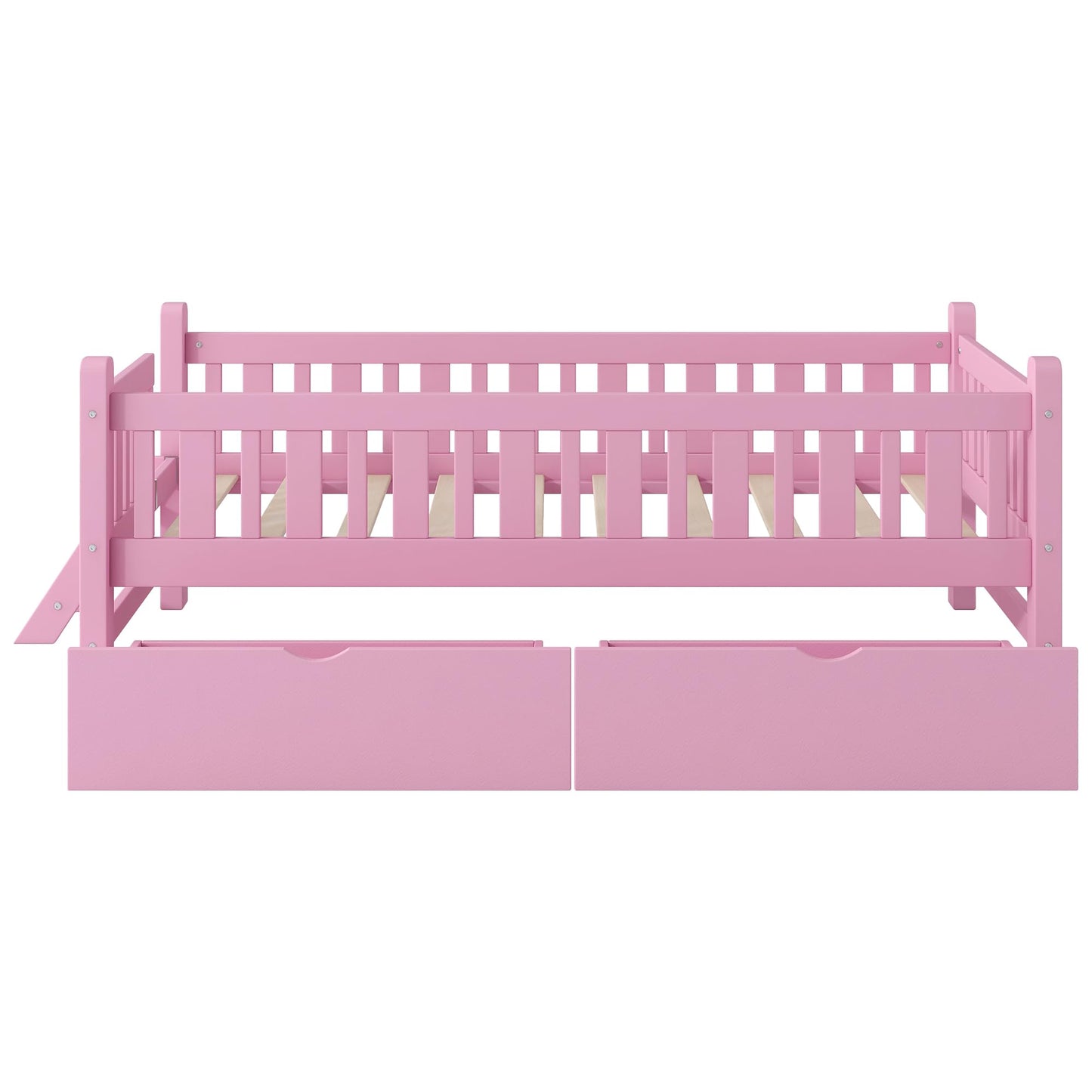 Bellemave Twin Size Kids Montessori Bed with Stairs,Solid Wood Twin Size Kids Bed Frame with Storage Drawers for Girls Boys,Low-Profile,Pink