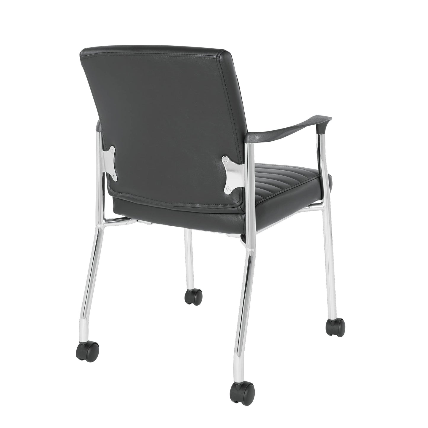 Office Star FL Series Faux Leather Padded Guest Chair with Built-in Lumbar Support and Casters, Black with Chrome Frame