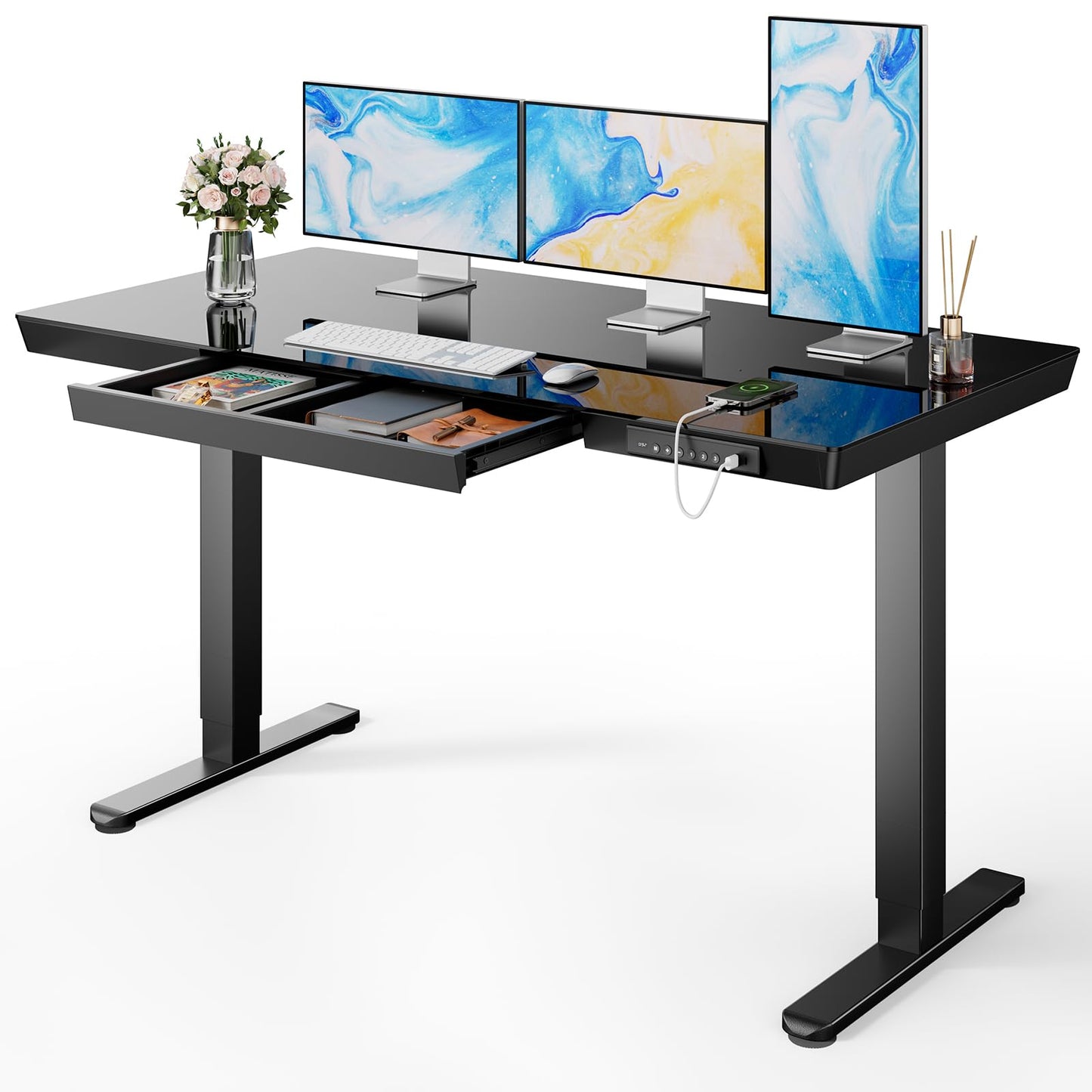 Marsail Glass Standing Desk with Drawer,55 x 28 inch Electric Standing Desk, Sit Stand Desk with One-Piece Tabletop & USB Charging Ports, Height Adjustable Desk with Storage for Home & Office Black