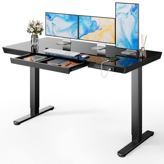 Marsail Glass Standing Desk with Drawer,55 x 28 inch Electric Standing Desk, Sit Stand Desk with One-Piece Tabletop & USB Charging Ports, Height Adjustable Desk with Storage for Home & Office Black