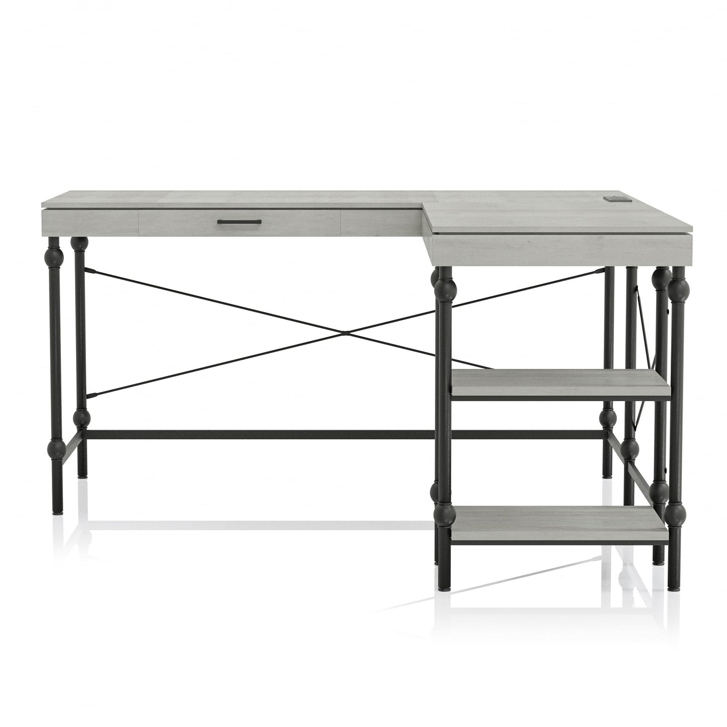 24/7 Shop at Home Monier Farmhouse Metal 2 Shelves Corner Computer Desk with USB Port, Power Outlet, 1 Drawer for Workstation, Home Office, Study Room, Antique White