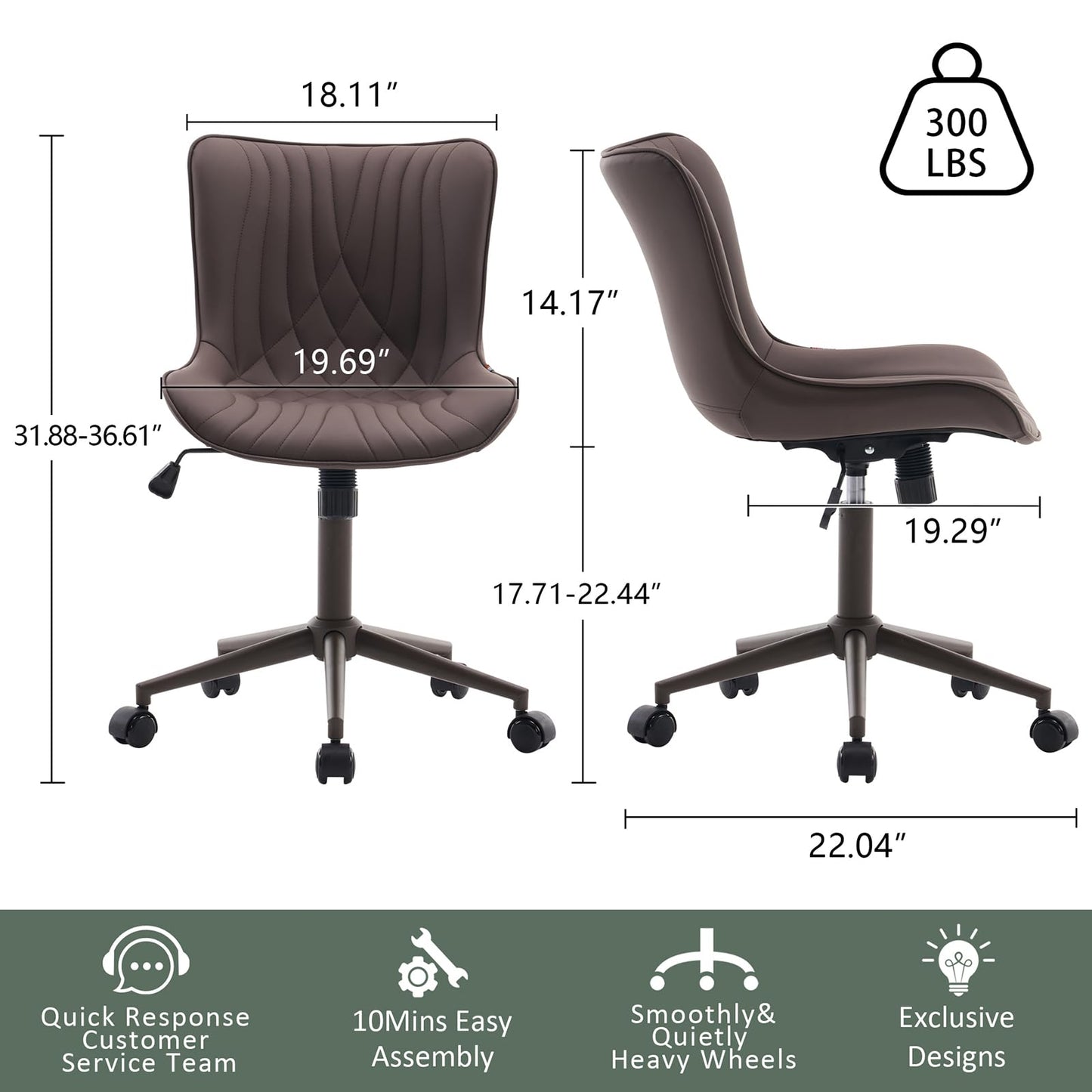 YOUTASTE All Cream Office Chair, Modern Armless Desk Chair with Back, Adjustable Swivel Rolling Faux Leather Task Chair with Wheels Metal Base for Home Office, Study, or Vanity
