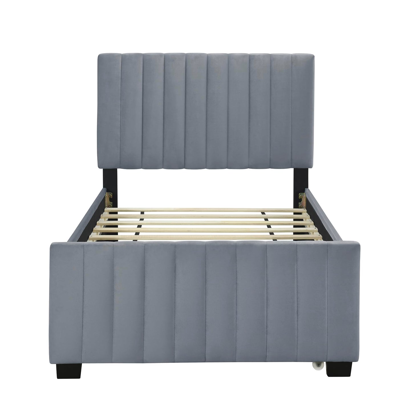 Merax Twin Size Velvet Upholstered Platform Bed, Wood Bed Frame with Twin Size Trundle, Gray