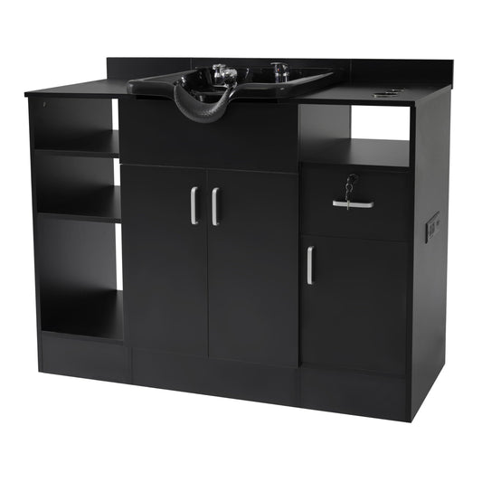 TATARTIST Shampoo Backwash Station Multi-Functional Barber Salon Station with Shampoo Bowl and Drawer for Hair Stylist Salon Spa Beauty Storage Cabinet with Faucet Sprayer Black