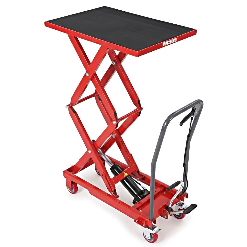 Hydraulic Lift Table Cart, 330 Lbs Capacity 50" Lifting Height Single Scissor Lift Table with Anti-Slip Pad & 4 Wheels for Material Handling & Transportation in Warehouse, Workshop, Red