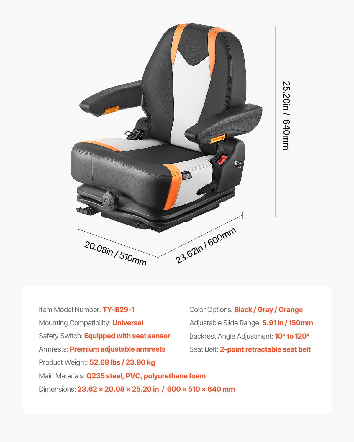 VEVOR Universal Forklift Seat, Tractor Suspension Seat with Adjustable Back, Armrest & Safety Belt, Secure Fold Down Tractor Seat with Micro Switch, Lawnmower Seat for Skid Loader Bulldozer