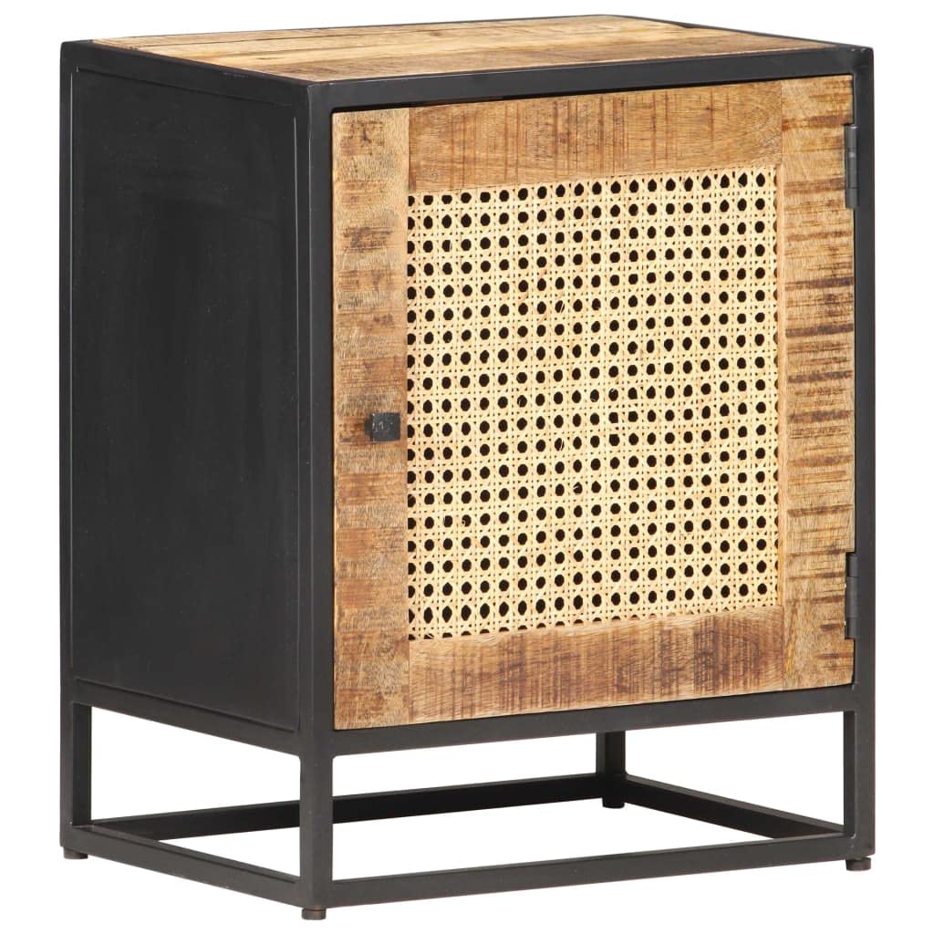 KGFHERENB Bedside Cabinet, 15.7"x11.8"x19.7" Rustic Solid Rough Mango Wood Nightstand with Hand-Woven Natural Cane Door, Iron Frame Side Table with Storage for Bedroom and Living Room