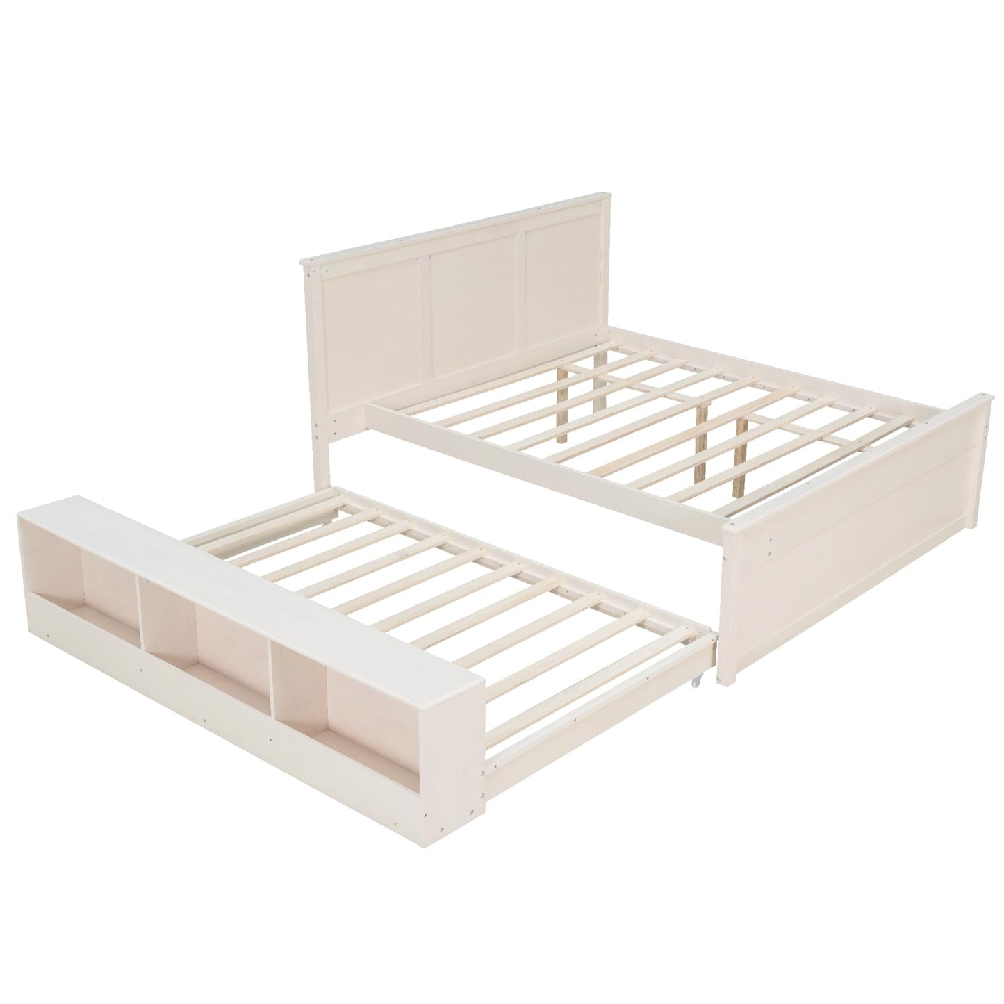 Merax Classic Solid Wood Platform Bed with Trundle Bed and Storage Cabinet, Full Storage Bed Frame with Headboard for Bedroom, Guest Room,No Box Spring Needed, Space Saving, Cream White