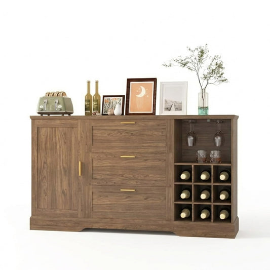GarveeHome 63 Inch Farmhouse Sideboard Buffet with Drawer Adjustable Shelves,Kitchen Island with Door-Back Rack for Snacks,Coffee Bar Buffet with Wine Racks Storage for Kitchen Entryway Rustic Walnut
