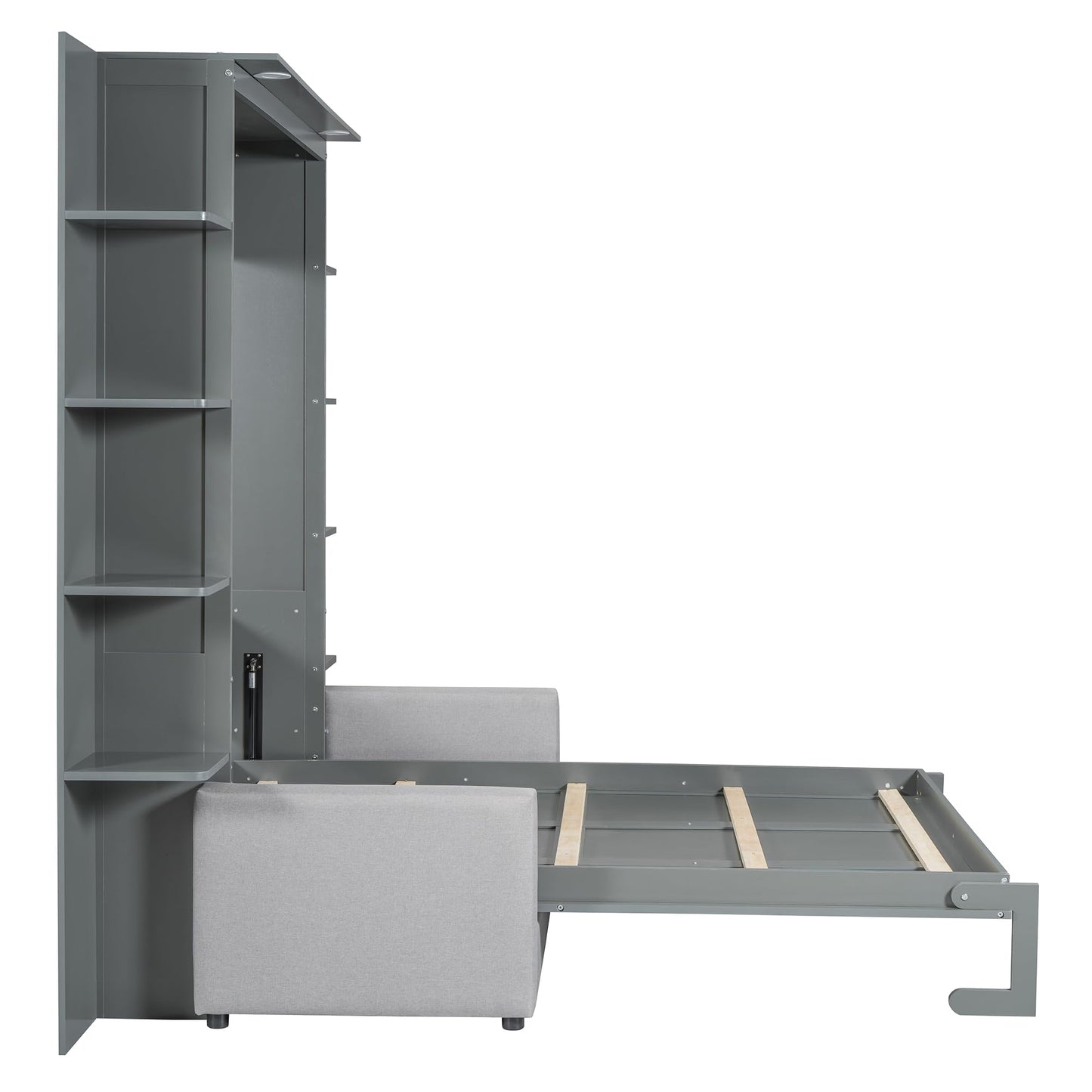 Merax Queen Size Murphy with Sofa and Shelves for Bedroom or Guestroom Wall Bed Space Saving Hidden Bed,No Need Fix to The Wall,Gray