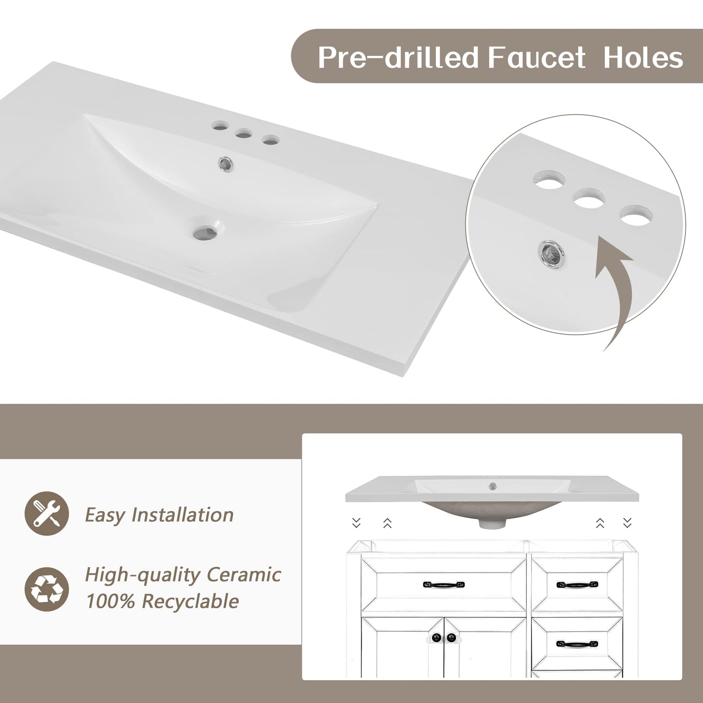 36" Bathroom Vanities with Sink Set Combo, Cabinet with 3 Drawers and 2 Soft-Closing Doors, Solid Wood Frame & MDF Board