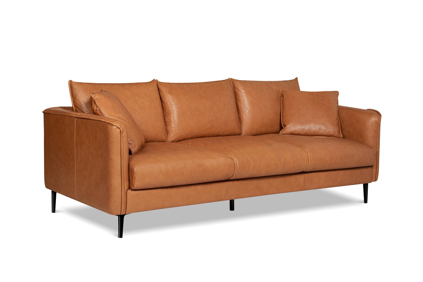 Valencia Jasper 85" Cognac Tan Brown 3 Seater Full Leather Couch | Mid Century Sofa with 2 Pillows for Living Room Furniture | Plush Cushions, Nappa Leather Lounge Couch
