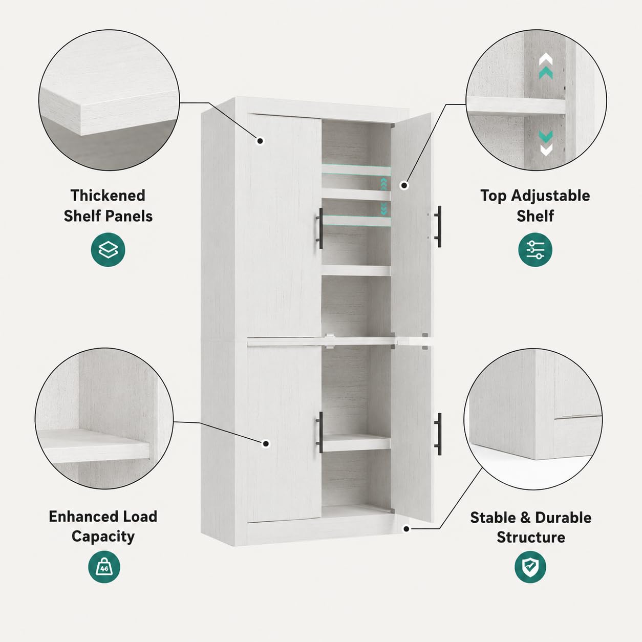 Garvee 70.4" Farmhouse Kitchen Pantry Cabinet with Doors and Adjustable Shelves, Avoids Dust, Tall Freestanding Storage Cabinet for Kitchen, Microwave Stand & Dining Room Organization, Rustic White