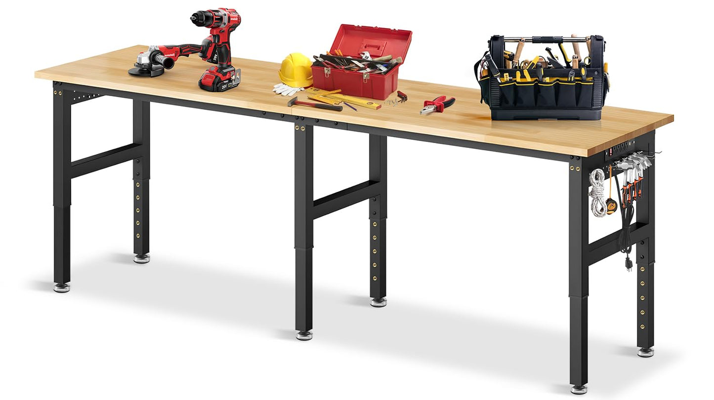 MUWOOD 96" Adjustable Height Workbench, 2000 LBS Heavy Duty Table Rubber Wood Workstation with Power Outlet & Pegboard for Garage, Office, Workshop, Home,Commercial