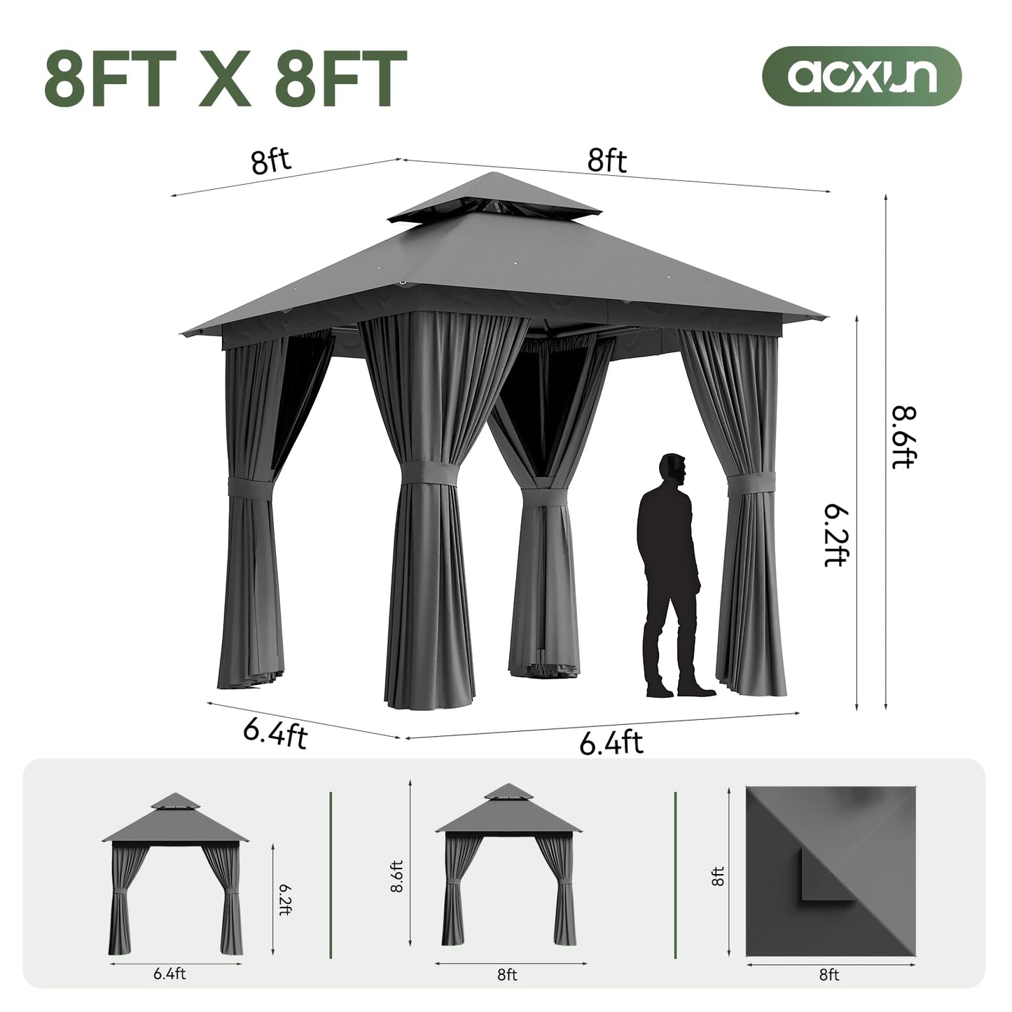 Aoxun 8'x8' Outdoor Gazebo, 50mm Heavy-Duty Steel Frame Double Roof Canopy, Waterproof Polyester Patio Pavilion with Curtains and Netting for Backyard Garden, Dark Gray