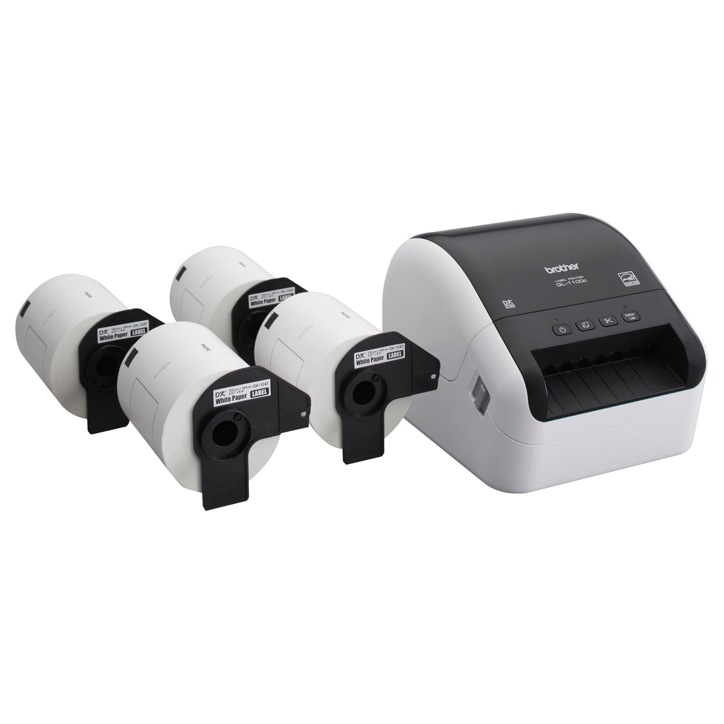 Brother QL-1100c Bundle, Wide Format Label Printer, Prints Postage Labels, Barcode & QR Code, USB Connectivity, Plus 4 Rolls of Genuine DK Label Tapes DK-1247 4.07” x 6.4” Die-Cut Shipping Labels