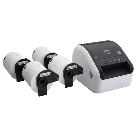 Brother QL-1100c Bundle, Wide Format Label Printer, Prints Postage Labels, Barcode & QR Code, USB Connectivity, Plus 4 Rolls of Genuine DK Label Tapes DK-1247 4.07” x 6.4” Die-Cut Shipping Labels