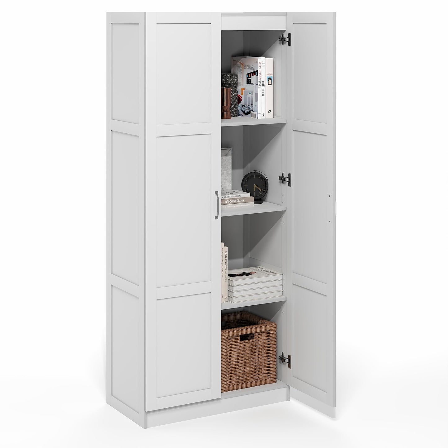 Furinno Robin 4-Tier White Storage Cabinet, 30-Inch Pantry Cabinet with Adjustable Shelves & 2 Shaker-Doors, Kitchen Cabinet, Organization and Storage, for Pantry, Home Office, Plain White