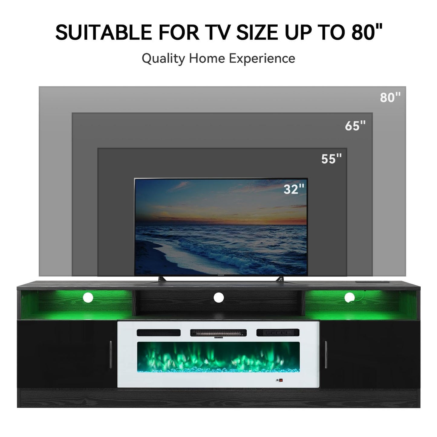 MXV 70" Fireplace TV Stand with Power Outlet for TVs UP to 80", Electric Fireplace Entertainment Center with LED Lights & Storage Cabinets, TV Console for Living Room, Office, Black-White