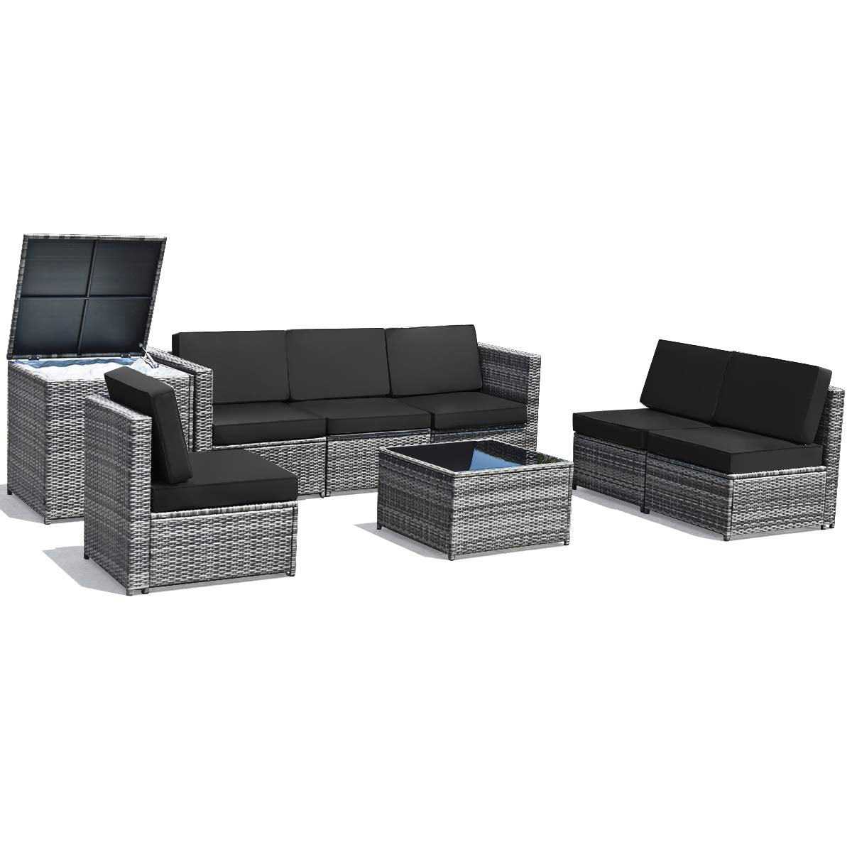 Tangkula 8 Pieces Wicker Patio Furniture Set with Storage Deck Box, PE Rattan Outdoor Sectional Sofa Conversation Set with Coffee Table & Cushions, Outside Furniture for Garden Yard Poolside (Black)