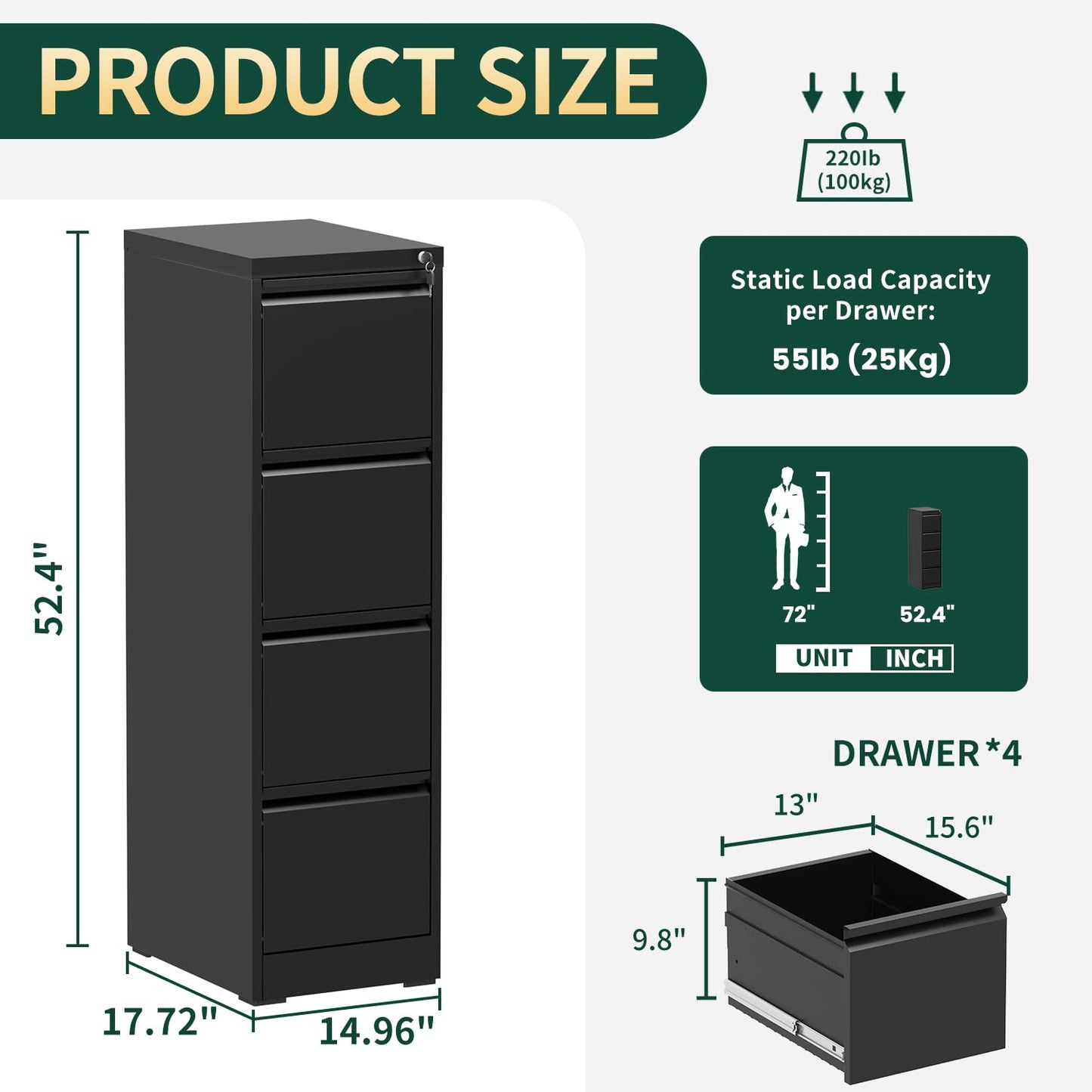 4 Drawer File Cabinet with Lock, Metal Vertical File Cabinets for Home Office, Office Furniture for Organization Hanging Legal/Letter/A4, Office File Cabinet Storage Cabinet, Require Assembly, Black