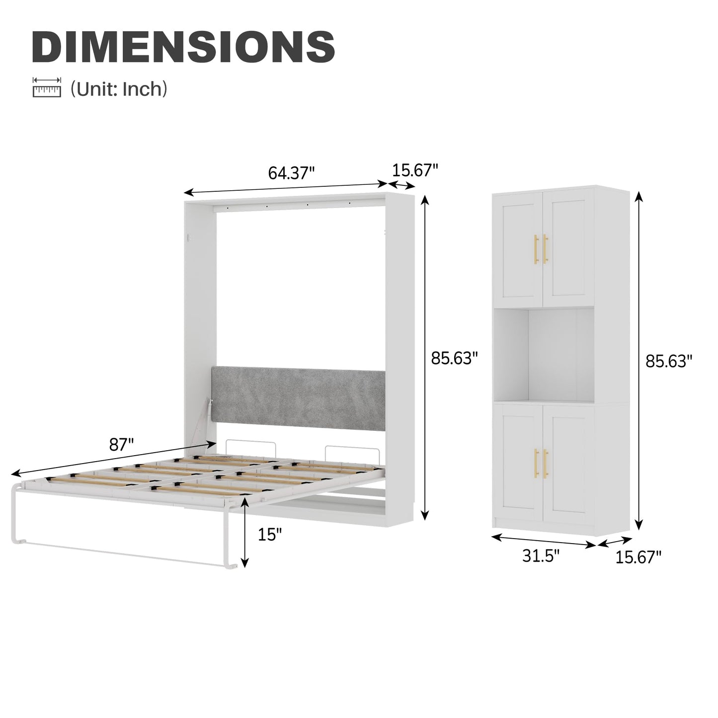 Jiaoun Queen Murphy Bed,Farmhouse Guest Beds,Folding Wall Bed with Hydraulic Bar,64" W Twin Murphy Beds with 2 Cabinet for Small Spaces/Offices/Apartments/Guest Room,White