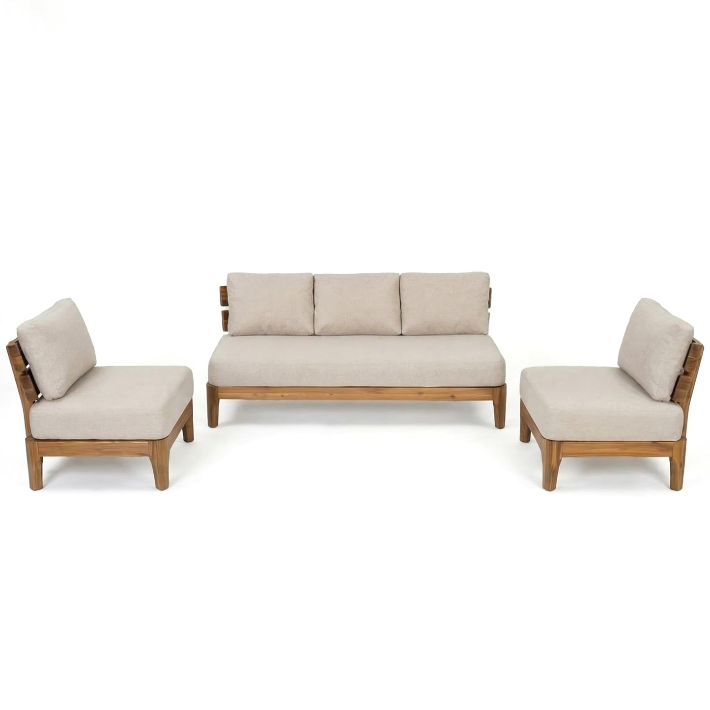 Christopher Knight Home James Patio Furniture Set with 3 Seater Sofa and 2 Club Chairs, Wooden Conversation Sofa Set with Cushions, Outdoor Lounge Chairs for Backyard Balcony Poolside, Teak+ Beige