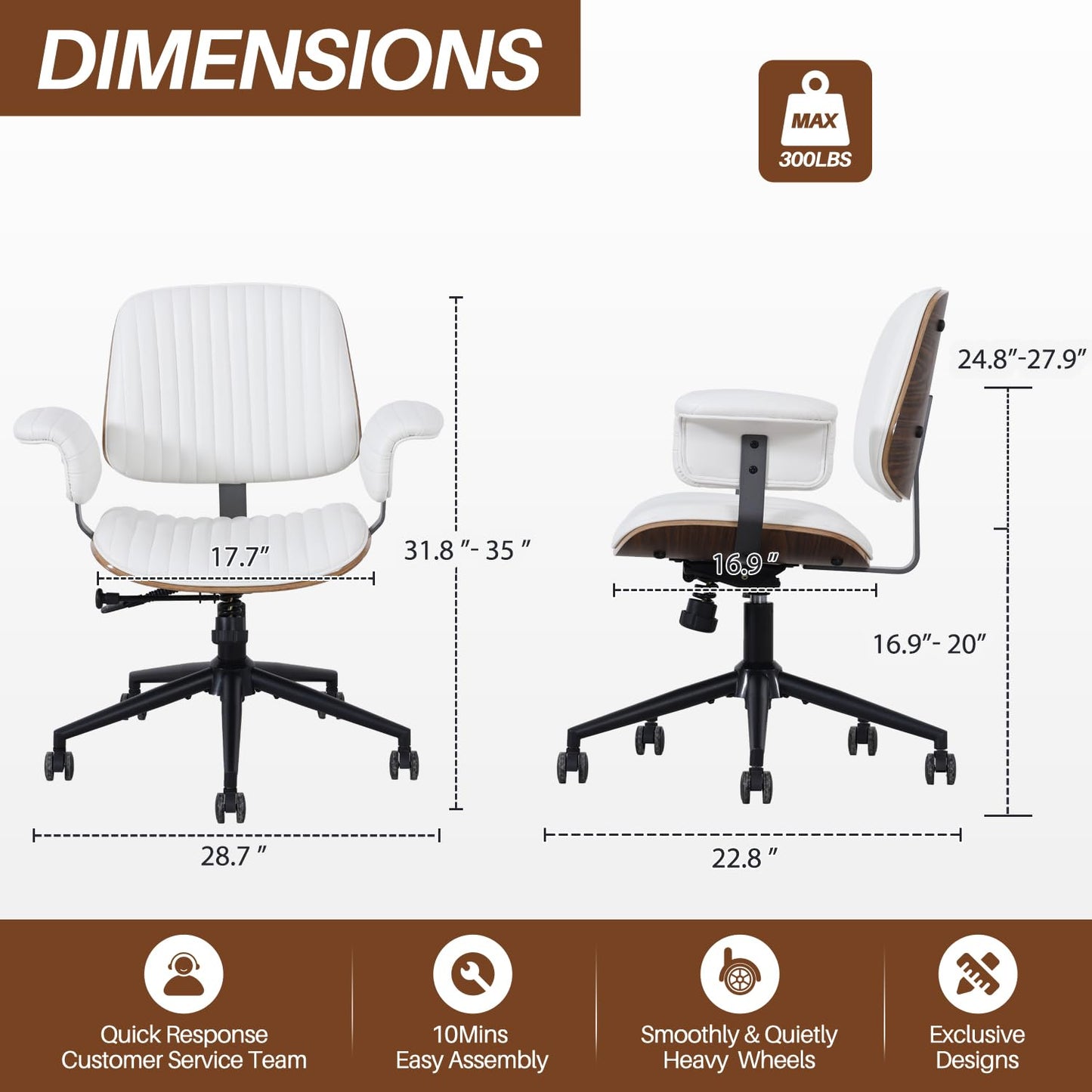 Leather Home Office Chair, Mid-Century Modern Executive Desk Chair with Padded Armrests, 360° Swivel Ergonomic Task Chair,Adjustable Height (PU Leather-Beige)