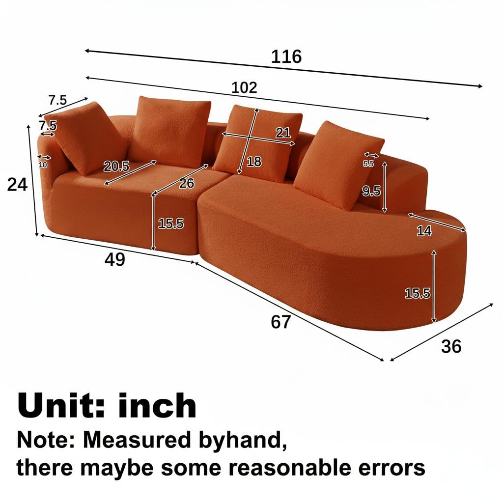 Merax 2-Piece 116" L-Shaped Modular Sectional Sofa Set, 4 Seat Fully Assembled Curved Upholstery Couch with High-Density Compressed Sponge, Chaise Lounge & 4 Pillows for Living Room, Orange