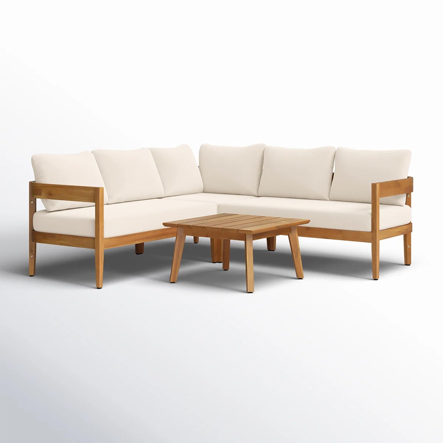 Merax 4 Piece Patio Outdoor Furniture Set, All-Weather Curved Acacia Wood V-Shaped Sofa with Cushions,1 Coffee Table, Conversation Set for Backyard Deck Poolside, Seats 5 Adult, Teak+ Beige