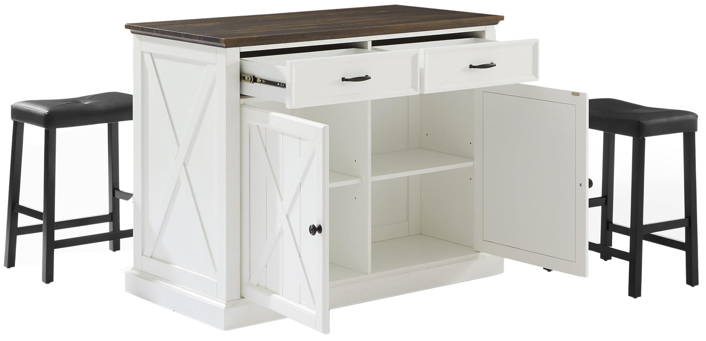 Crosley Furniture Clifton Kitchen Storage Island, Microwave Stand, Coffee Bar and Set of 2 Upholstered Saddle Stools, Distressed White/Black