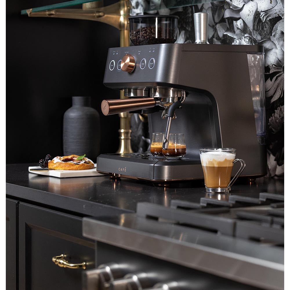 Café Bellissimo Semi Automatic Espresso Machine with Grinder & Milk Frother | Copper Accents | WiFi App Control | Large 95oz Tank | Matte Black