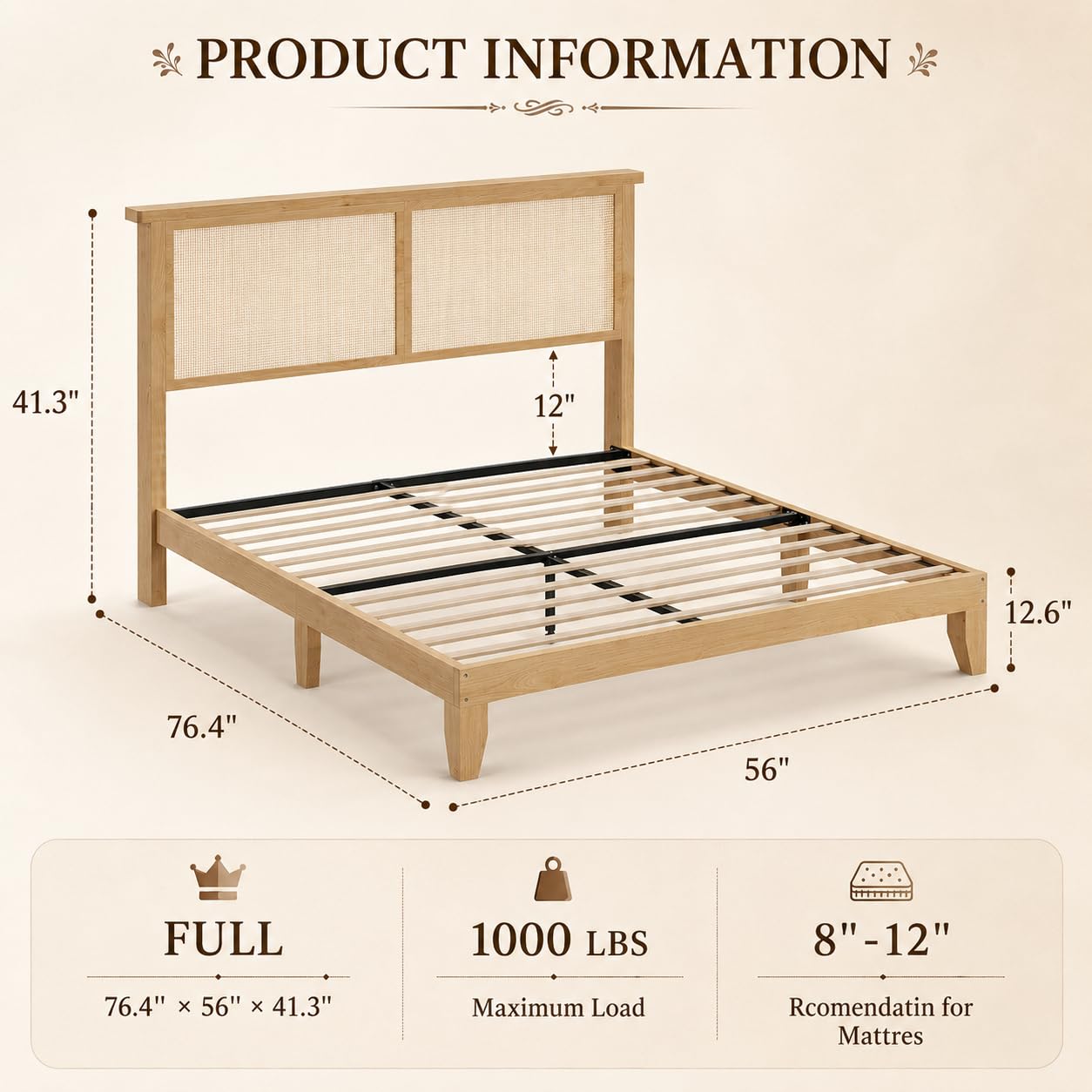 GAOMON Full Rattan Wood Bed Frame with Natural Rattan Headboard, Full Size Platform Bed Frame with LED Lights, Mattress Foundation, Noise-Free, No Box Spring Needed