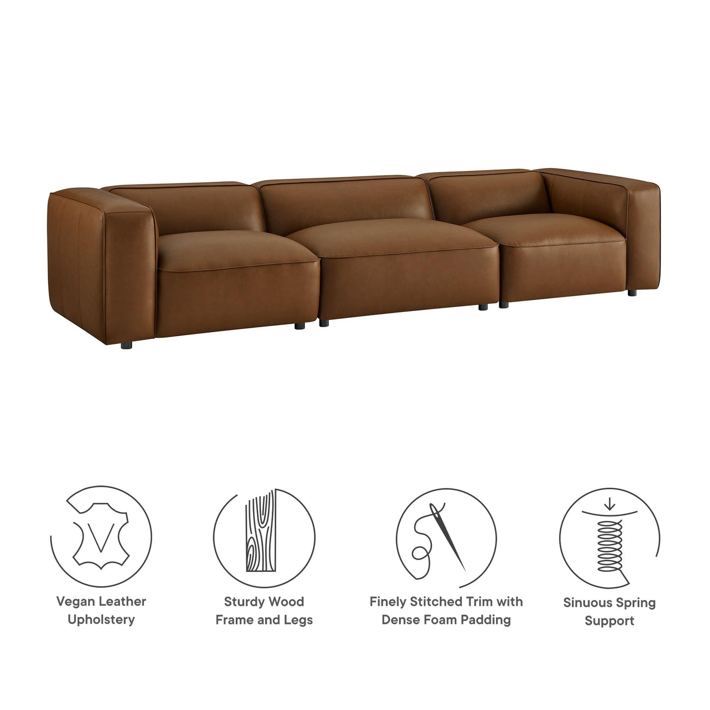 Modway Auren Vegan Leather 3 Piece Modular Sofa in Coffee - Faux Leather 3 Seater Couch - Comfy Mid Century Modern PU Leather Sofa for Living Room, Apartment, Loft