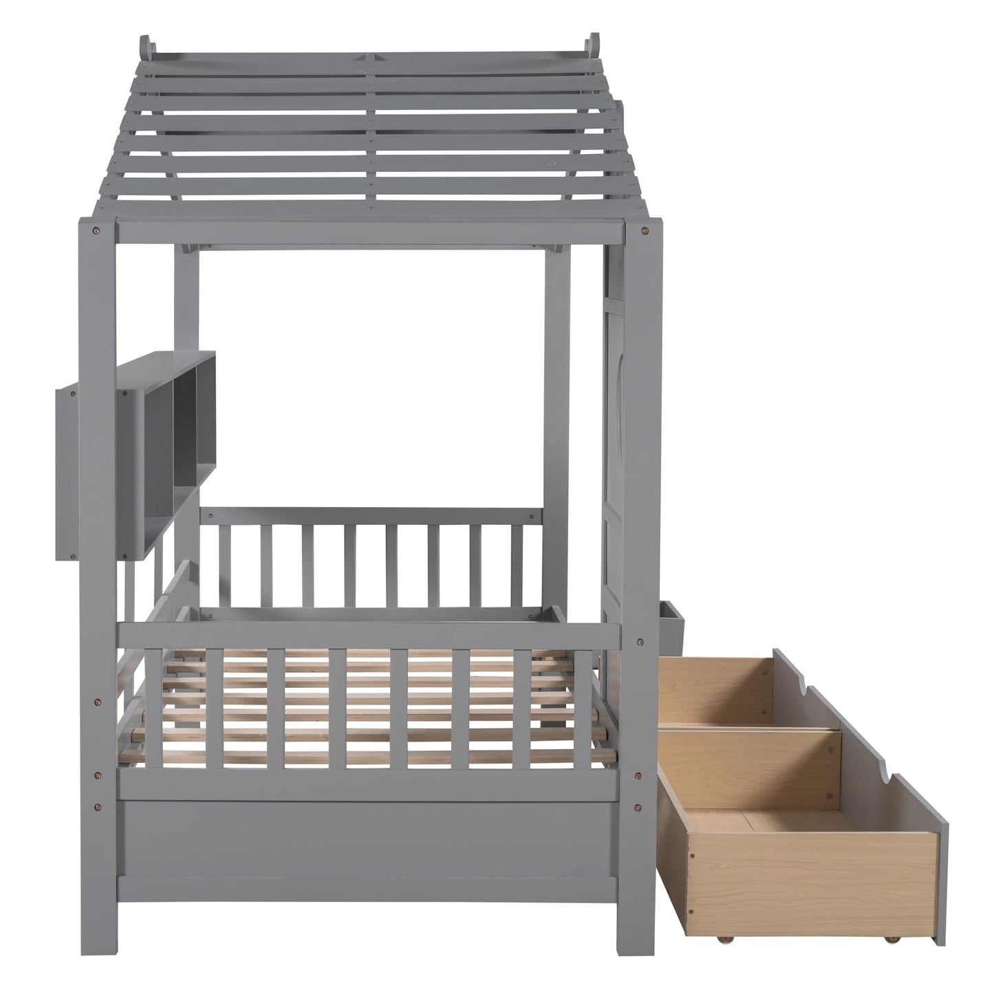 Twin Size House Bed with Storage Drawers,Kids House Bed Frame with Shelves,Cute Wood House Bed Twin with Roof for Kids,Girls,Boys,Gray