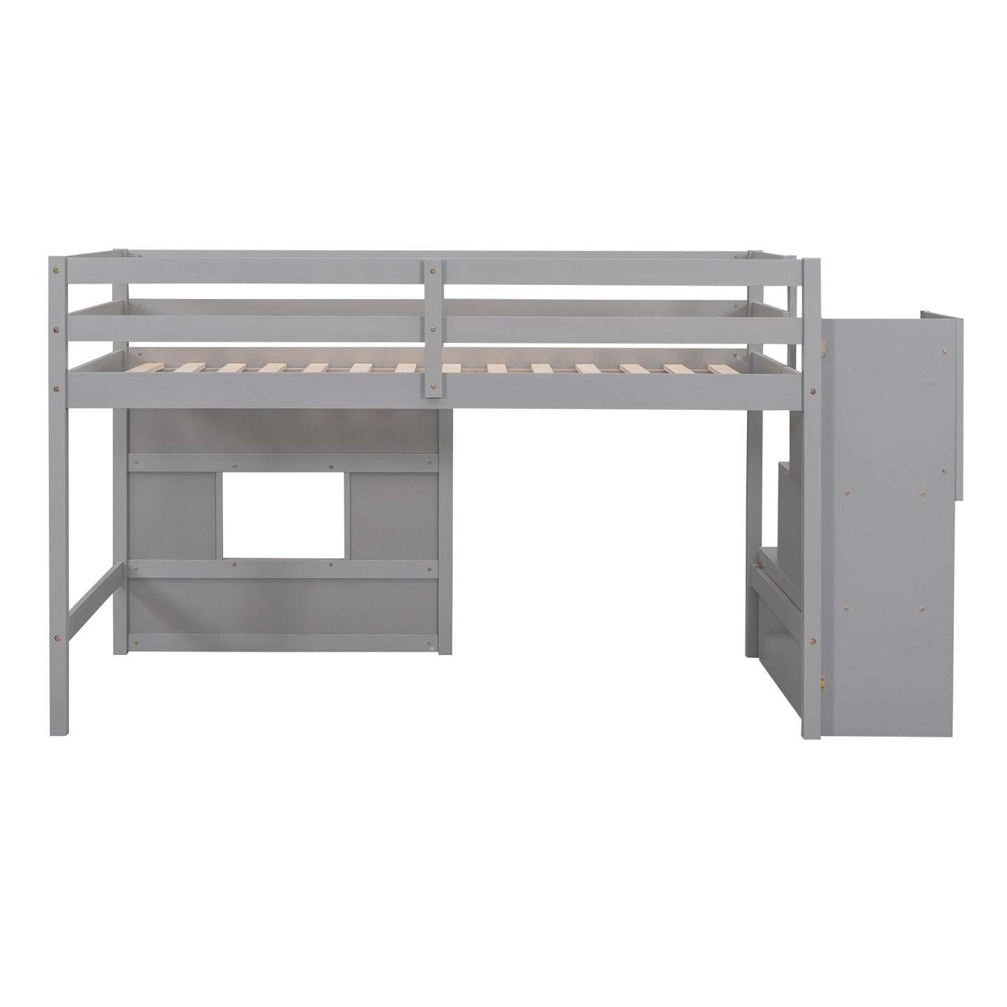 Merax Twin Size Loft Bed with Storage Staircase, Solid Wood Loft Bed Frame with LED Light and Safety Guardrail, Under-Bed Play Space, Playhouse Beds for Kids, Boys, Girls,Grey